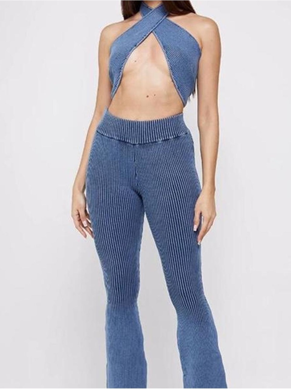 Maniere De Voir Blue Ribbed High-Waist Flare Pants SET